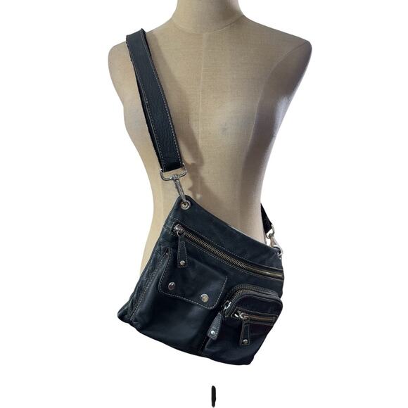 "FOSSIL" Black Leather Crossbody Zippers Adjustable Strap Goth Y2K Academia - Picture 1 of 6